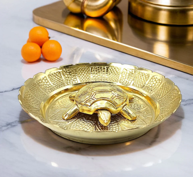 Premium Handicraft Vastu Feng Shui Brass Tortoise Turtle With Plate [Career Growth, Good Luck, Job Opportunities]